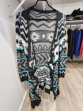 Open-Front Geometric Pattern Women’s Cardigan Sweater - Black, White & Teal